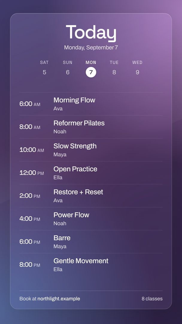 Glass template showing a fictional sample schedule