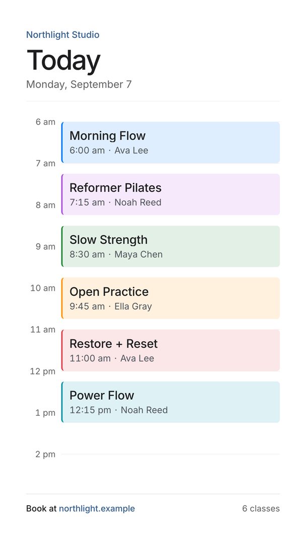 Timeblocks template showing a fictional sample schedule