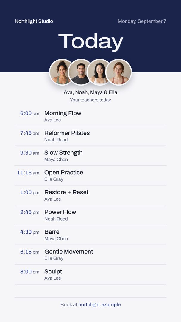 Roster template showing a fictional sample schedule