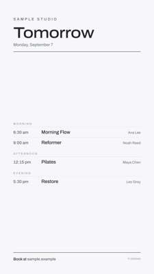 Ledger template showing a fictional four-class schedule