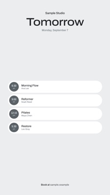 Pills template showing a fictional four-class schedule