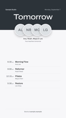 Roster template showing a fictional four-class schedule with teacher initials