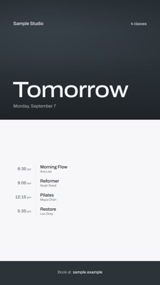 Duotone template showing a fictional four-class schedule with teacher initials